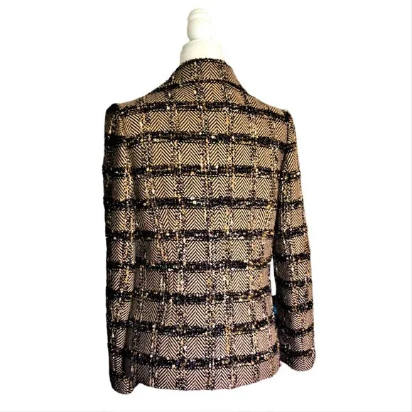ECAILLE Paris Brown Overcheck Herringbone Tweed Woven with Lurex Jacket Sz 10 - Picture 6 of 7